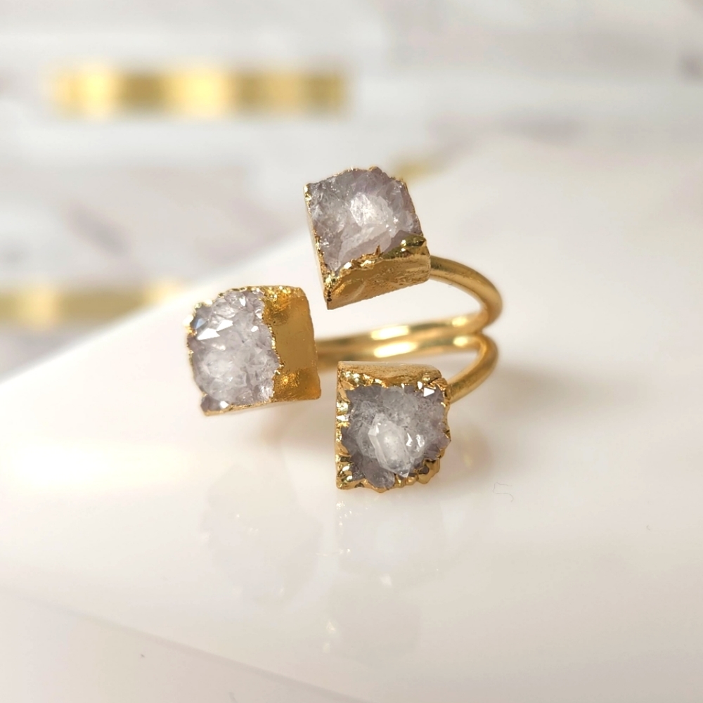Triple Stone Druzy Quartz Adjustable Gold-Plated Ring